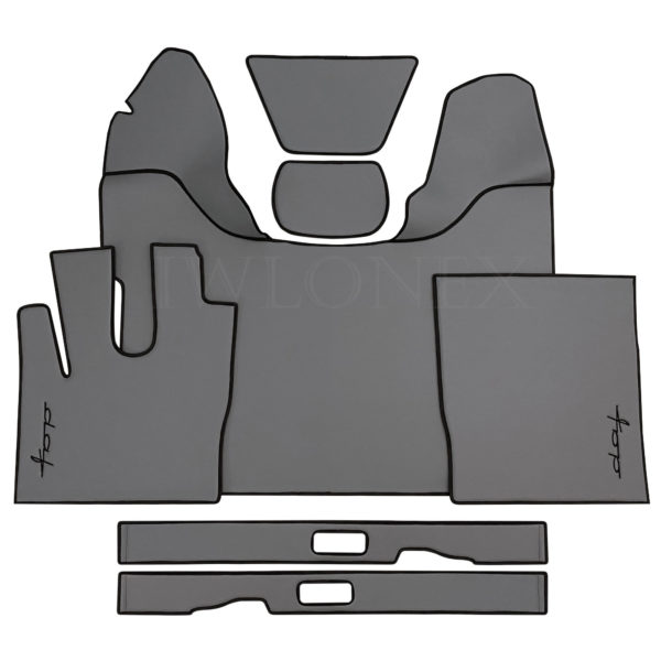 Tunnelabdeckung und Fussmatten mit Sitzsockelverkleidung passend fur DAF XF106 Glatt Leder IWLONEX 600x600 - Fußmatten+Sitzsockelverkleidung passend für DAF XF EURO6 480 u. 530 PS - Glatt Leder - Grau